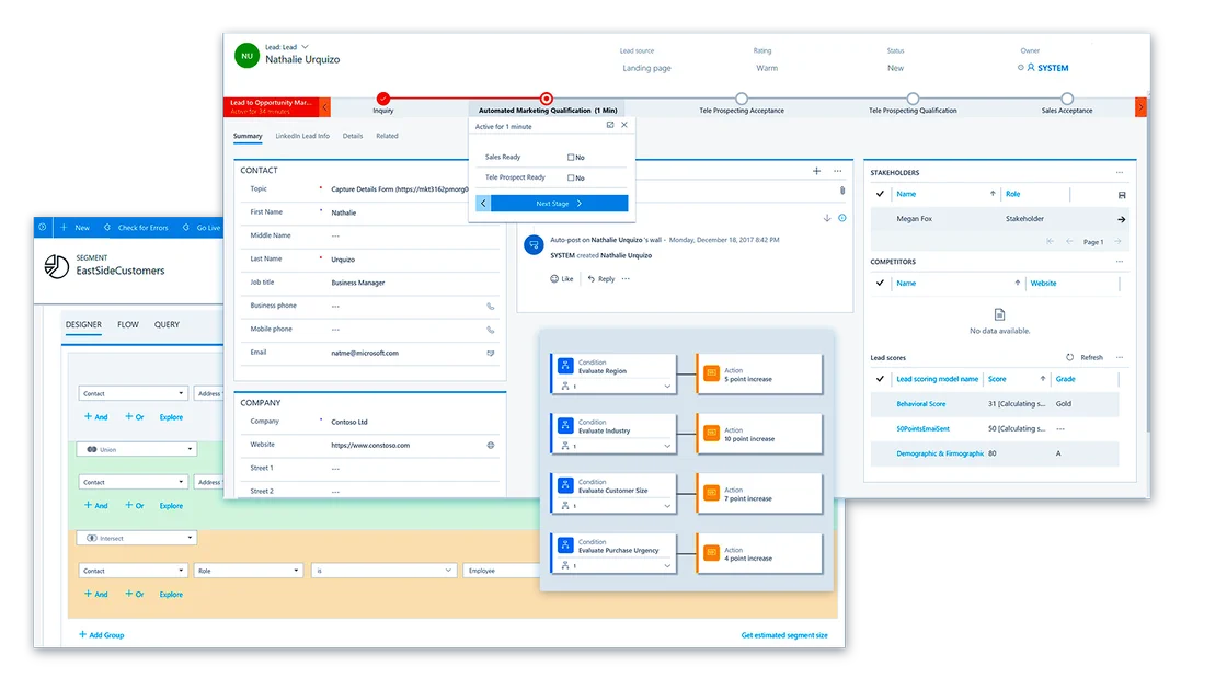 An automated marketing notification workflow next to a contact record