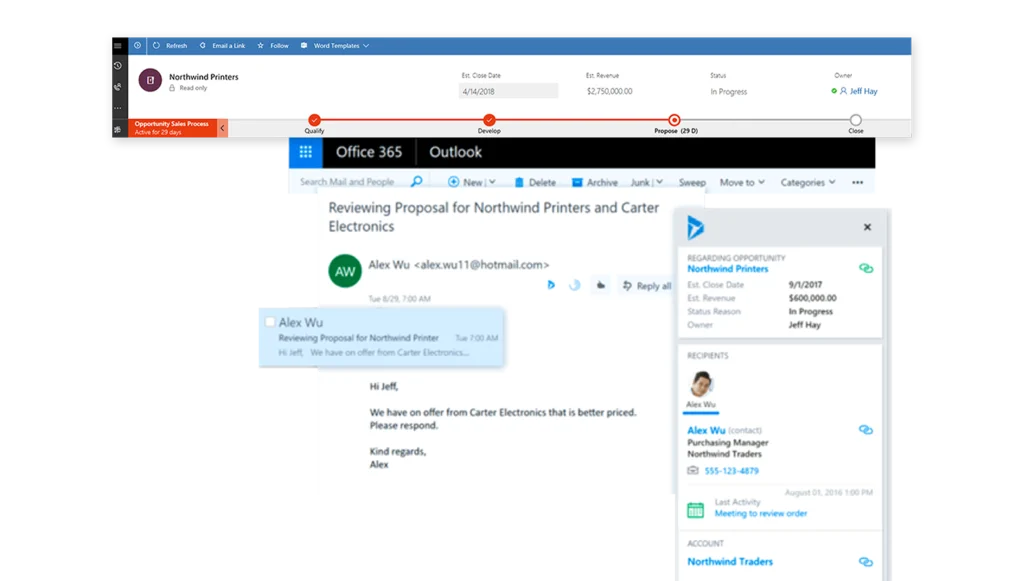 The Dynamics 365 Sales pane open beside a proposal email in Outlook