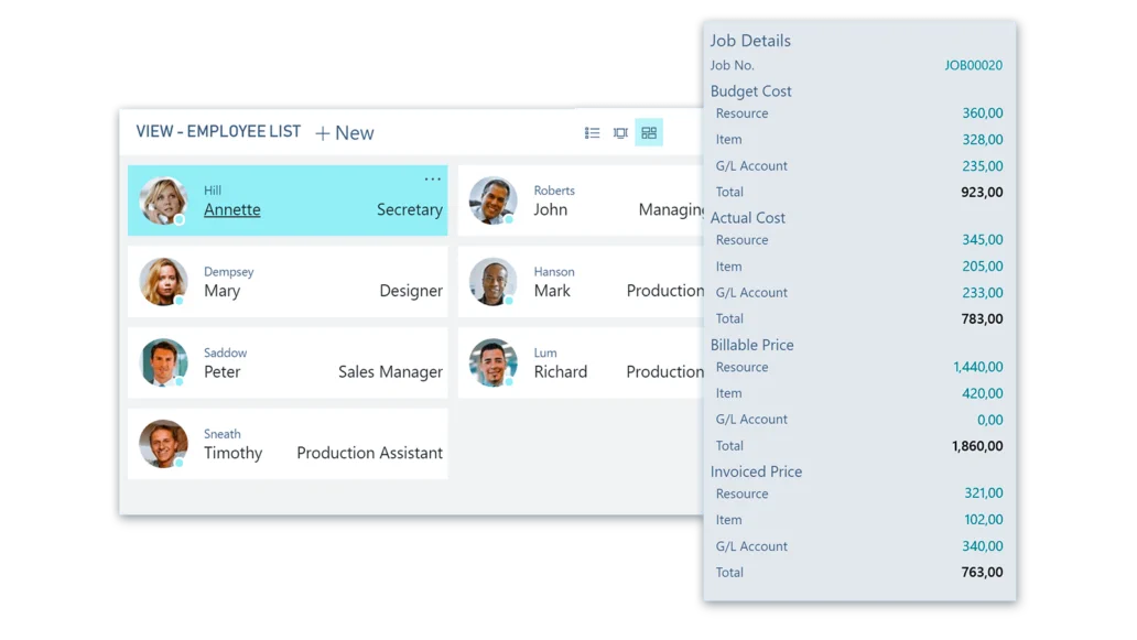 Business Central project management and job costing screen