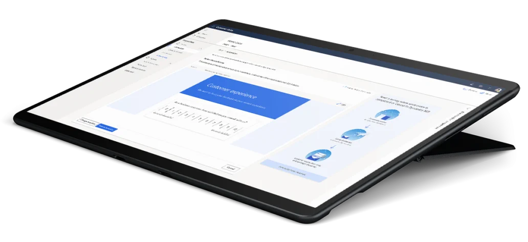 A Customer Voice survey results report open on a Surface tablet