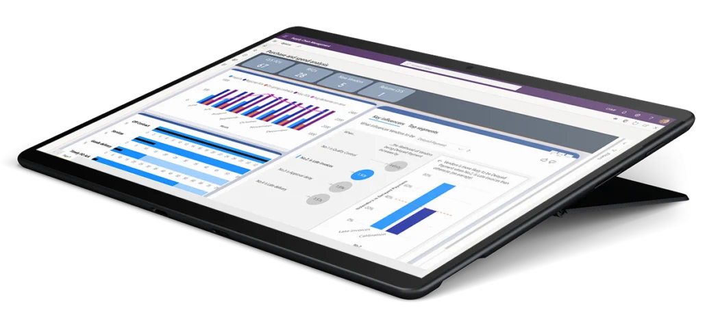 A supply chain management dashboard open on a Surface tablet