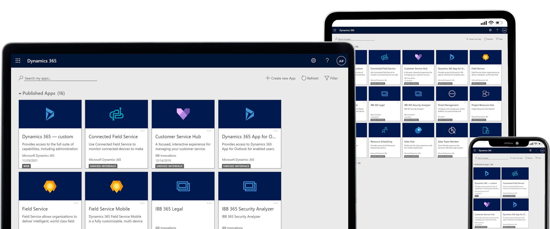 Dynamics 365 apps shown across a laptop, tablet and phone