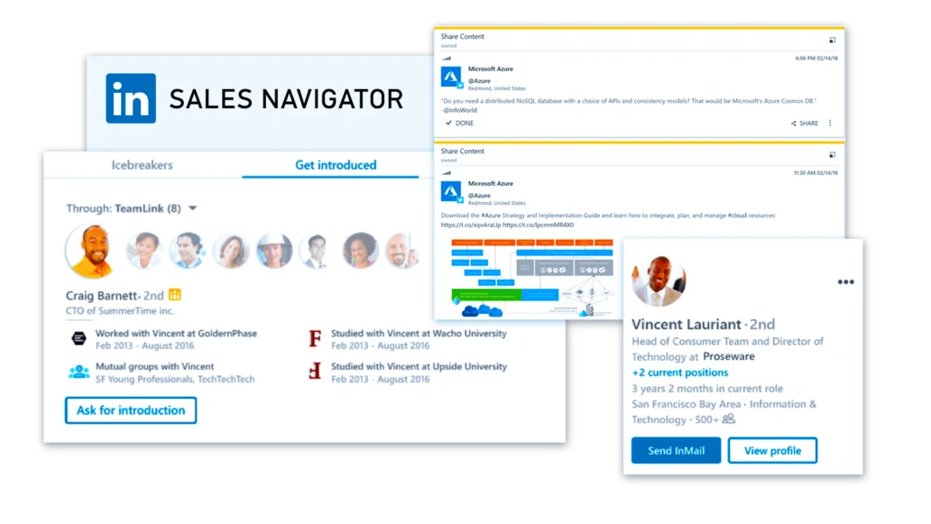 LinkedIn Sales Navigator showing introduction paths and a contact profile