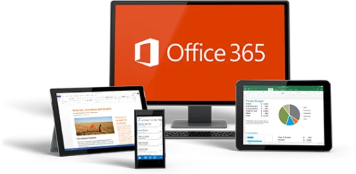Office 365 running on a desktop monitor, laptop, tablet and phone