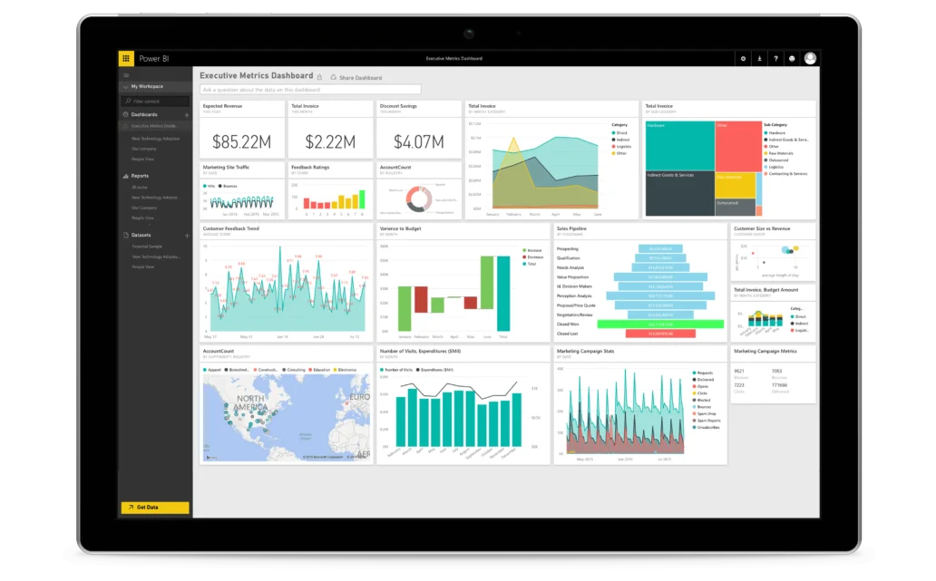 A Power BI executive metrics dashboard on a Surface, with revenue tiles and charts