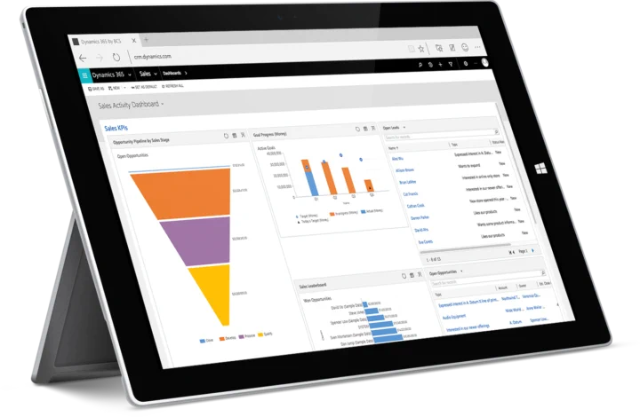 A Dynamics 365 sales activity dashboard on a Surface laptop